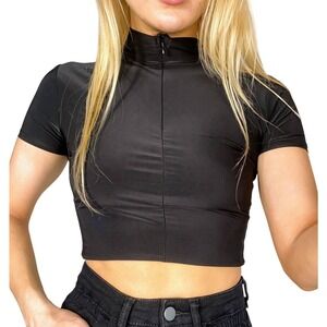 New Small Slinky Black Half Zip Short Cap Sleeve High Neck Y2k Crop Top‎ Blouse